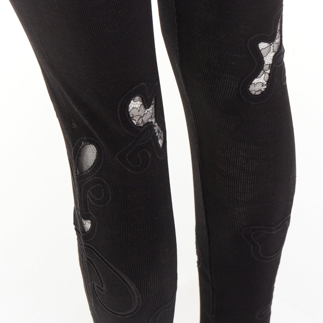 CHLOE 100% silk black lace embroidery cutout applique ribbed leggings XS