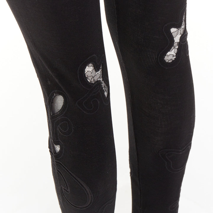 CHLOE 100% silk black lace embroidery cutout applique ribbed leggings XS
