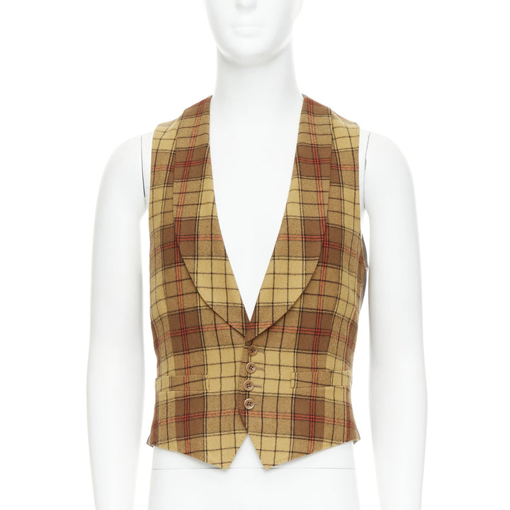 DRIES VAN NOTEN brown red plaid 100% wool shawl collar waistcoat IT48 M