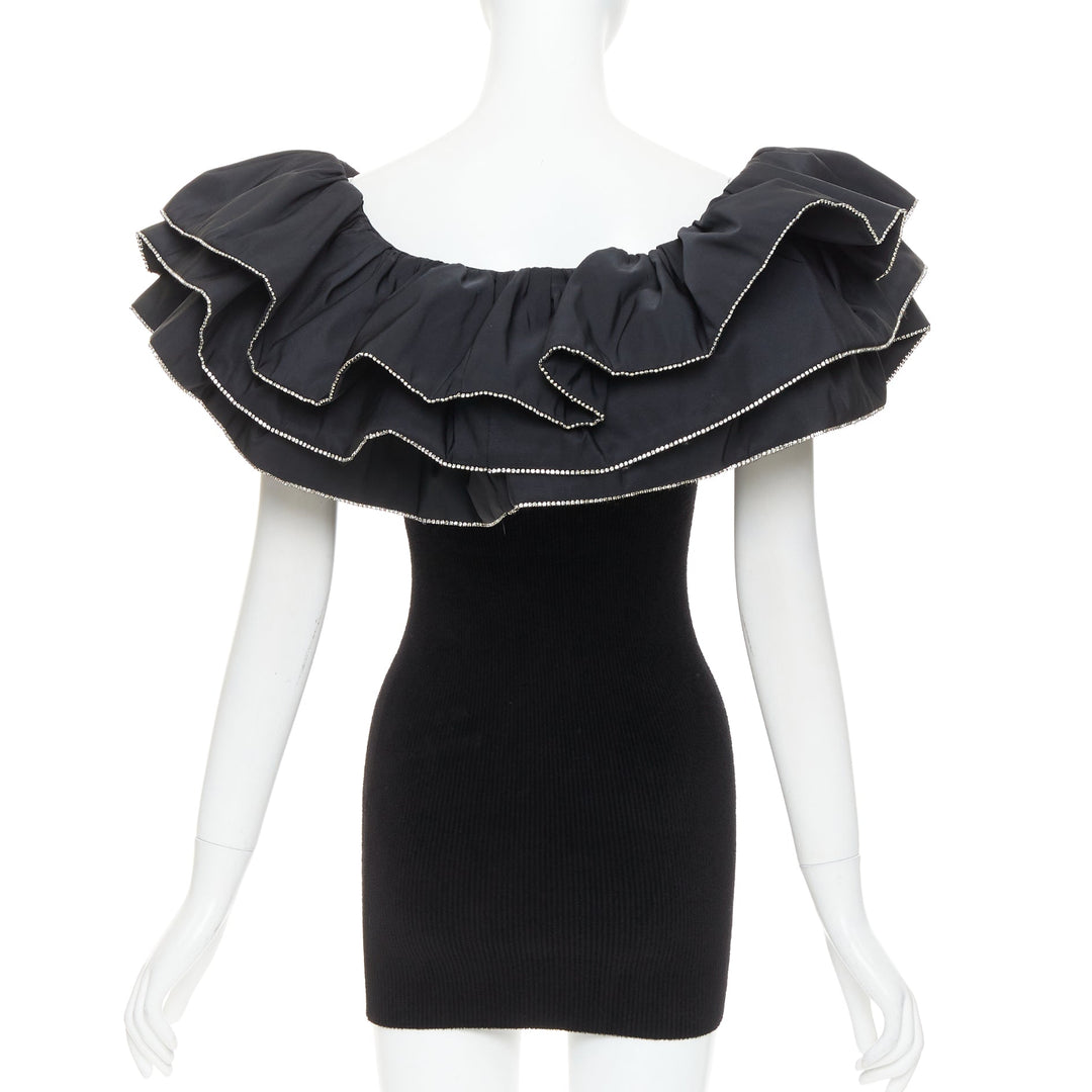 ALEXANDRE VAUTHIER 2024 black ribbed velour knit crystal trim ruffle mini dress