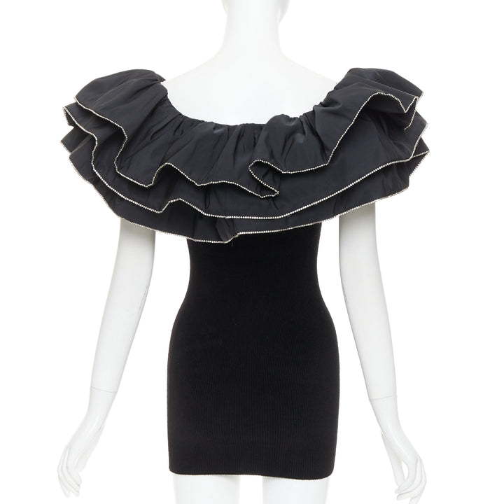 ALEXANDRE VAUTHIER 2024 black ribbed velour knit crystal trim ruffle mini dress