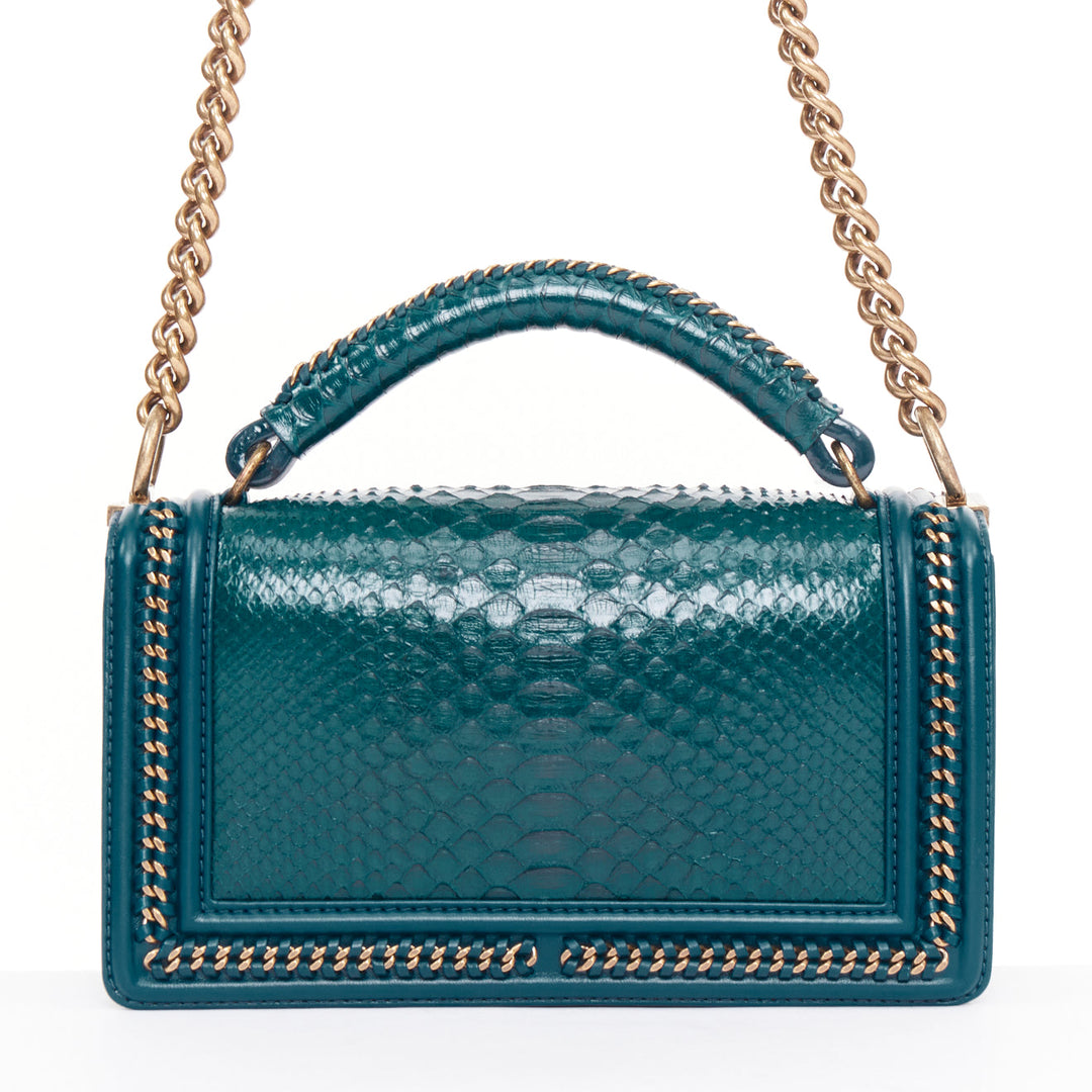 CHANEL Le Boy 25 petrol blue exotic python leather antique gold crossbody bag