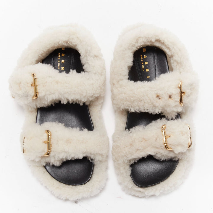 MARNI white shearling gold buckles double strap black lined flat sandals EU38