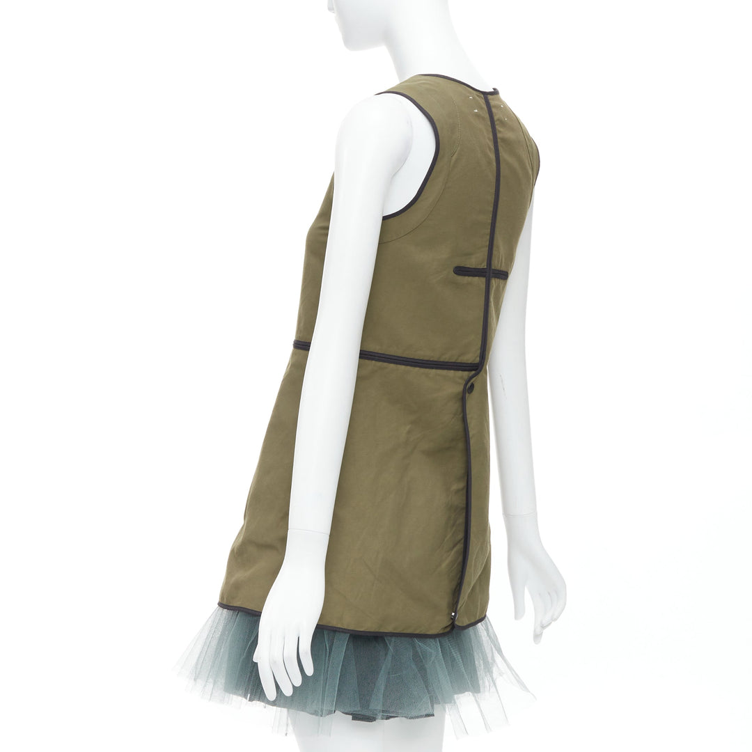 MARNI 2011 khaki utility cutout vest green tulle hem mini dress IT36 XXS