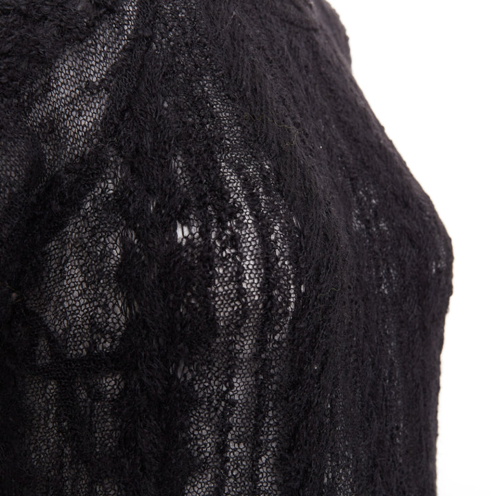 CHANEL black alpaca blend open knit crochet pointelle sleeve midi dress FR40 L