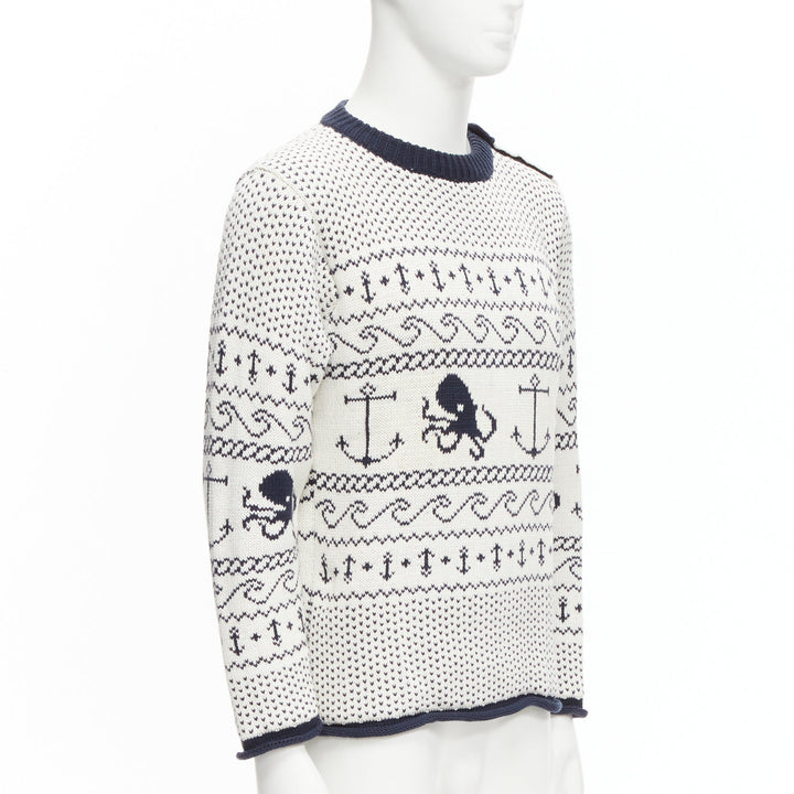 THOM BROWNE off white navy nautical octopus intarsia  ringer sweater SZ.3 L