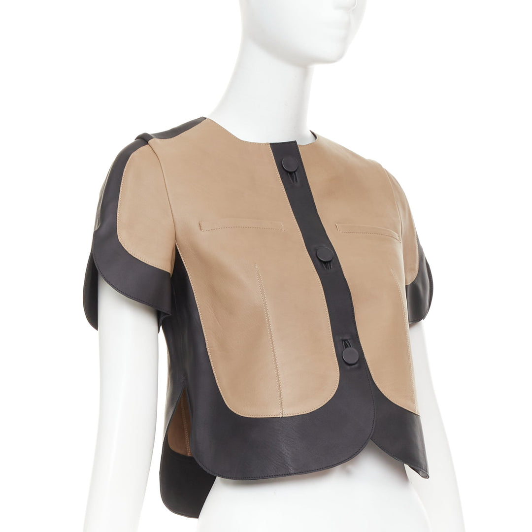 MARNI tan black calf leather curved panel petal sleeves cropped jacket IT38 XS