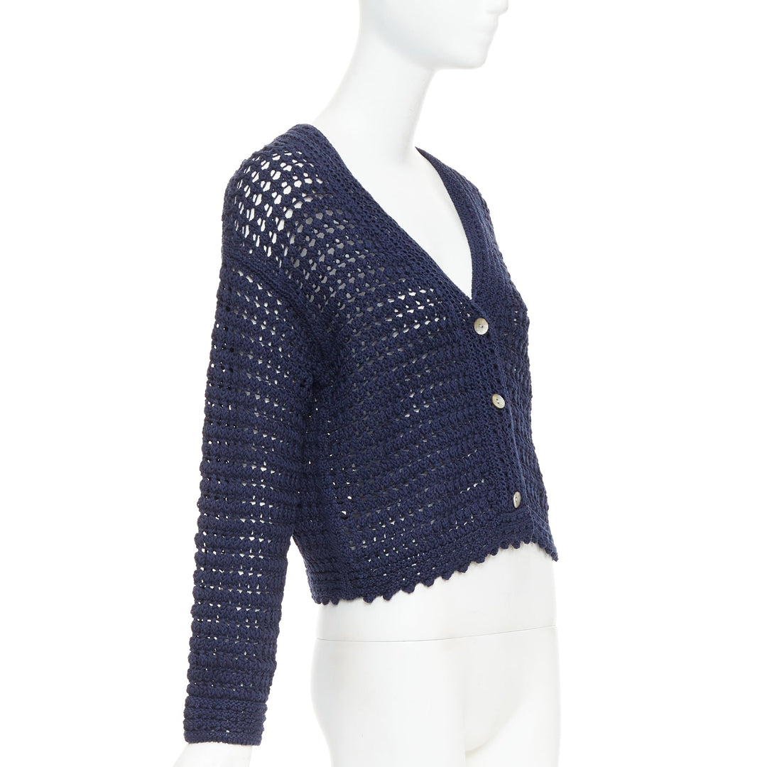 VINCE navy organic cotton crochet open knit scalloped cropped cardigan S