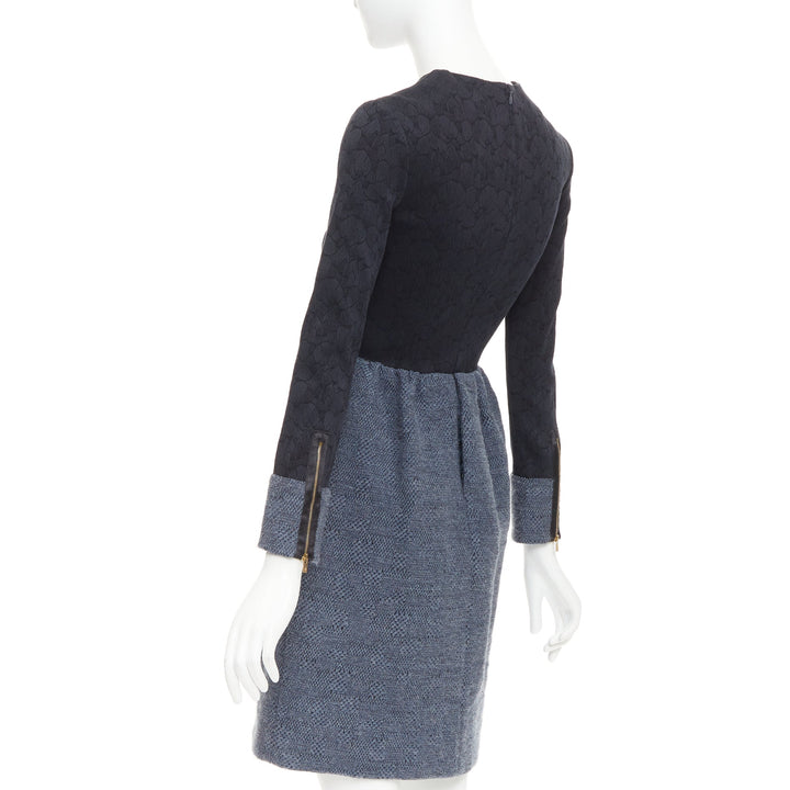 THE ROW black grey wool blend floral jacquard boucle zip trim midi dress US2 S