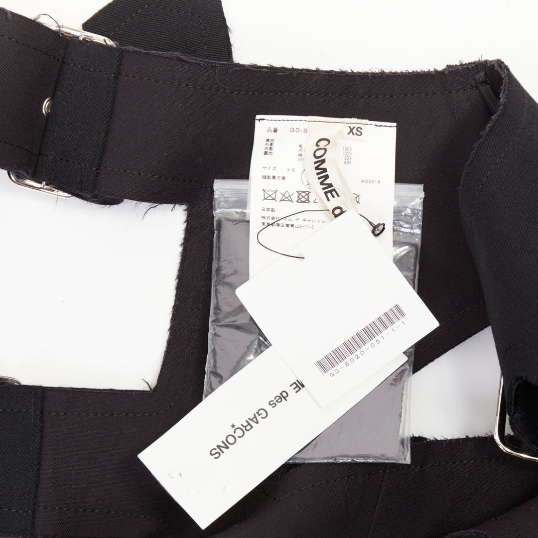 rare COMME DES GARCONS 2019 black wool multi buckle cut out pannier skirt XS