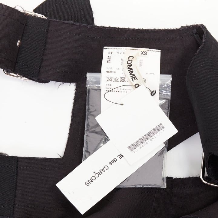 rare COMME DES GARCONS 2019 black wool multi buckle cut out pannier skirt XS