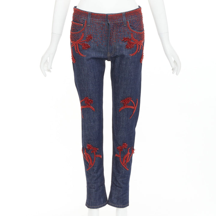 PRADA 2017 Runway red beaded floral embellishment straight leg cropped jeans 25"
