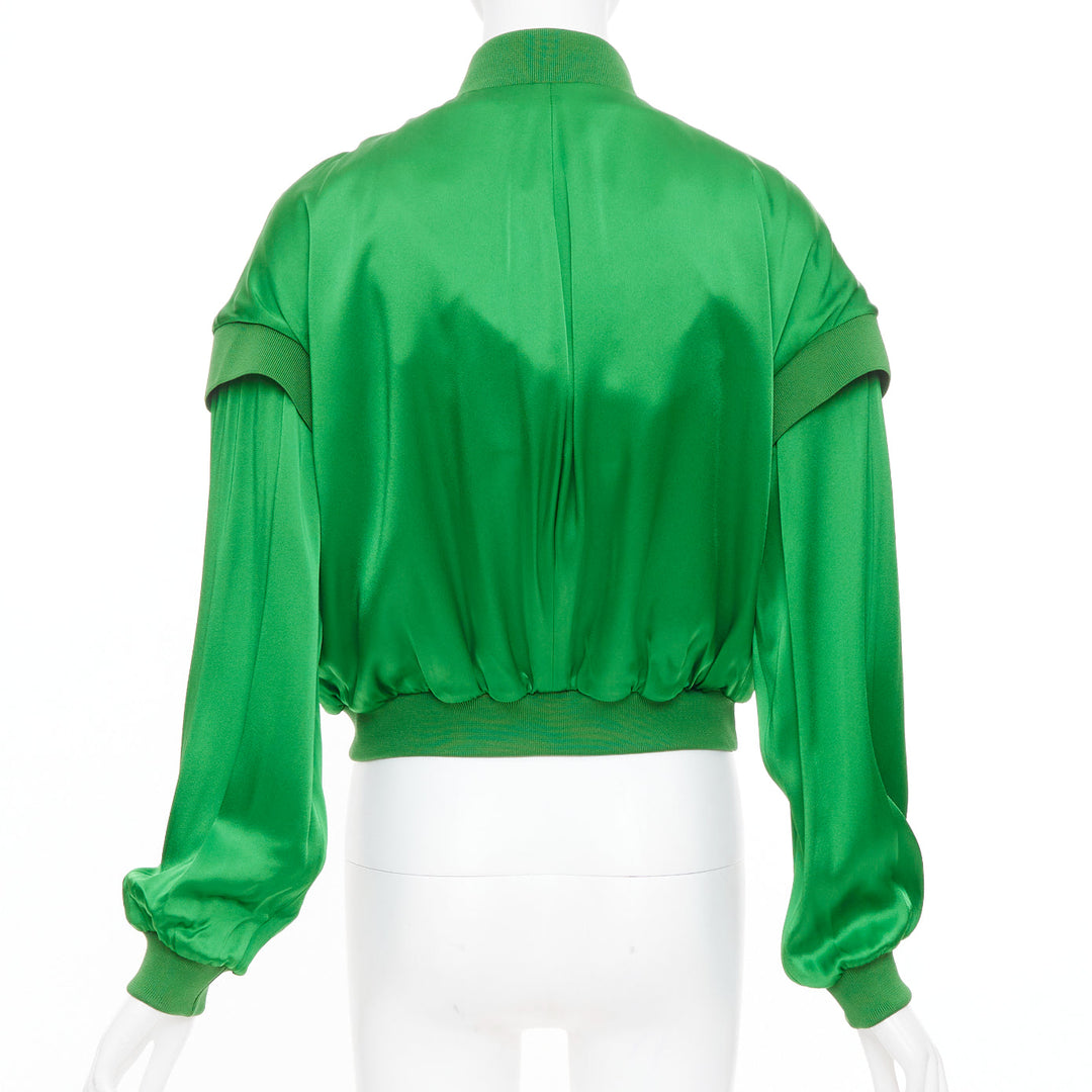 TOM FORD kelly green satin panel long sleeve zip up cropped bomber jacket FR36 S