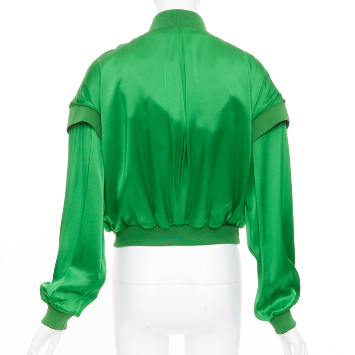 TOM FORD kelly green satin panel long sleeve zip up cropped bomber jacket FR36 S