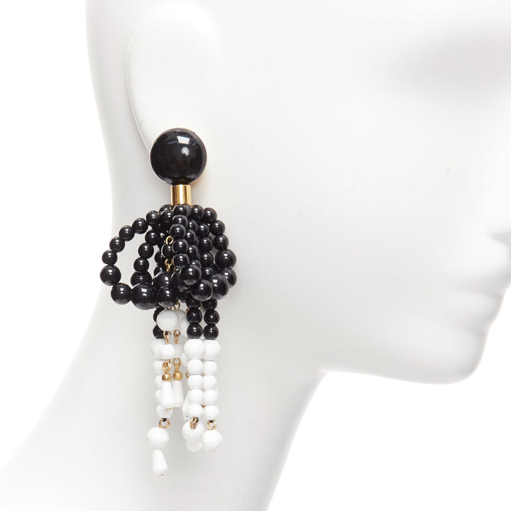 MARNI black white beads drop tassel statement dangling clip on earrings pair