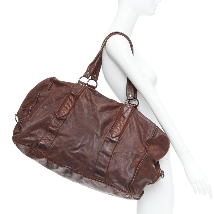 MIU MIU Vintage brown tumbled crinkled leather large travel bag