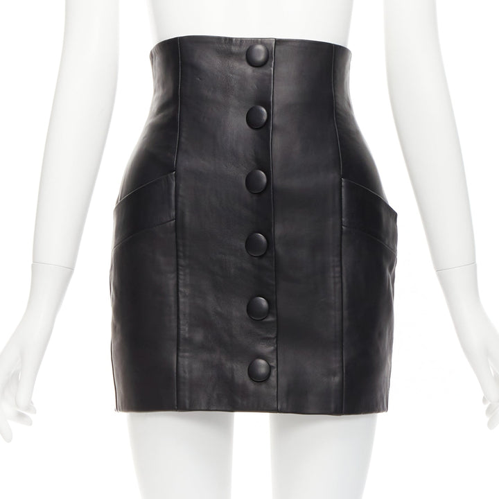BALMAIN black lambskin leather button front high waisted mini skirt FR34 XS
