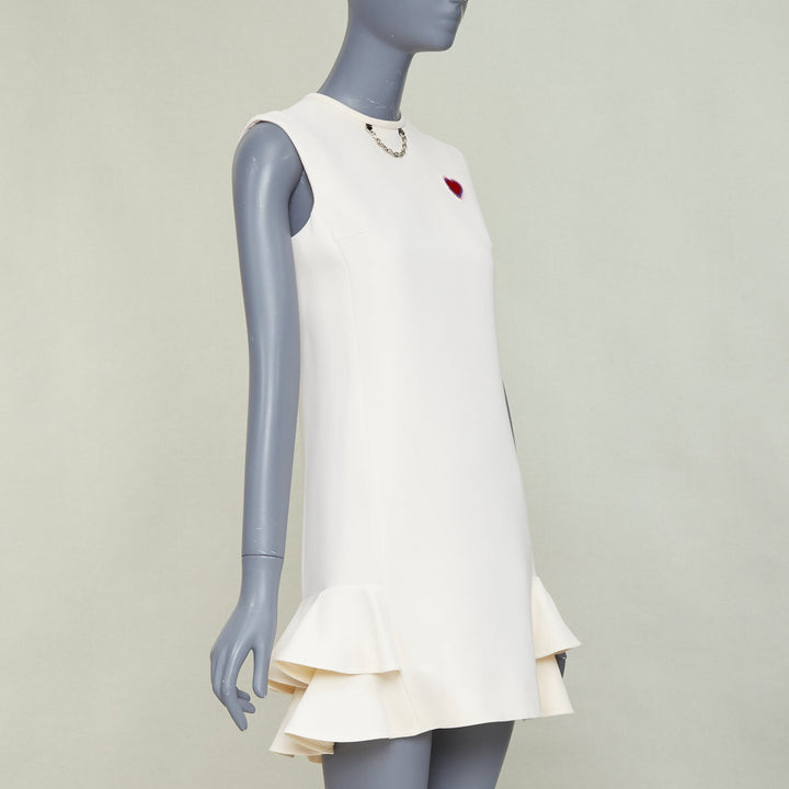 LOUIS VUITTON 2021 Game On ivory wool silk red Heart Logo ruffle dress FR36 S