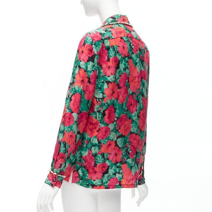 GUCCI ALESSANDRO MICHELE 2016 red green floral GG pearl bow silk shirt IT38 XS