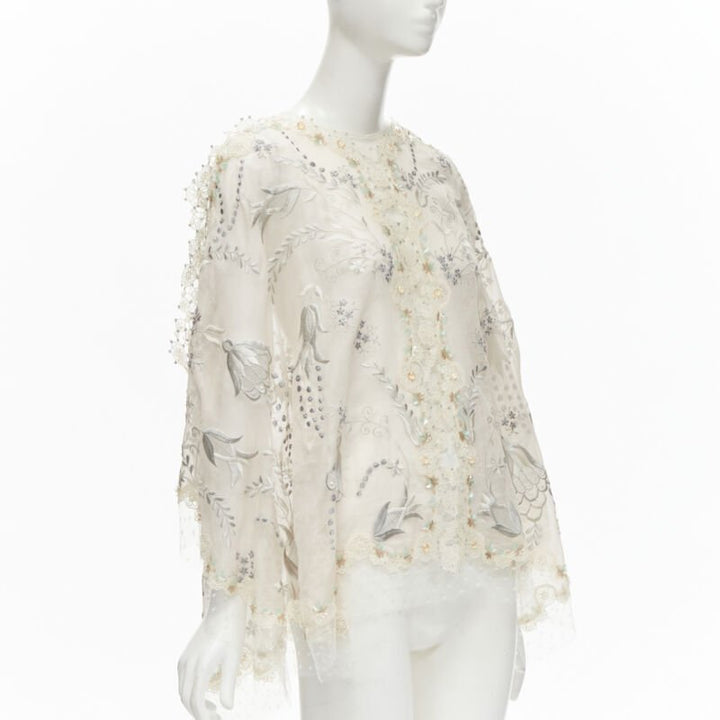 BIYAN beige 3D intricate lace bead crystal embellished cape top  XS