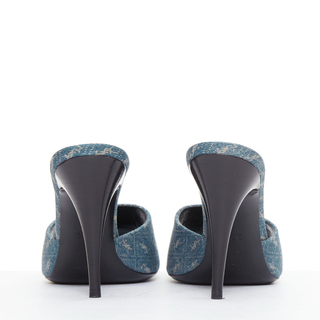 SAINT LAURENT La 16 Mules Cassandre Denim blue YSL monogram sandal heels EU37.5