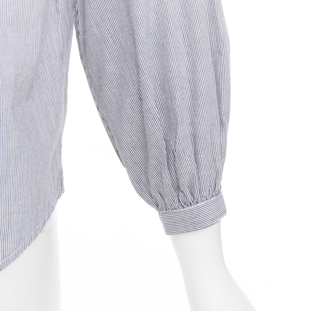 CELINE Romy grey white striped cotton voile lace up front anagram blouse FR36 S