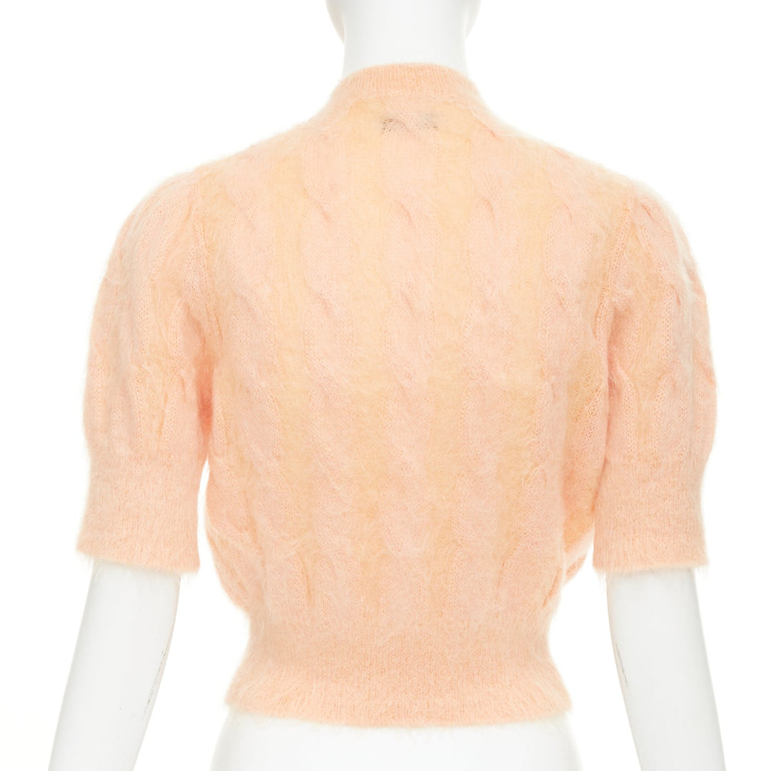PACO RABANNE coral orange mohair crystal flower puff sleeved cropped pullover S