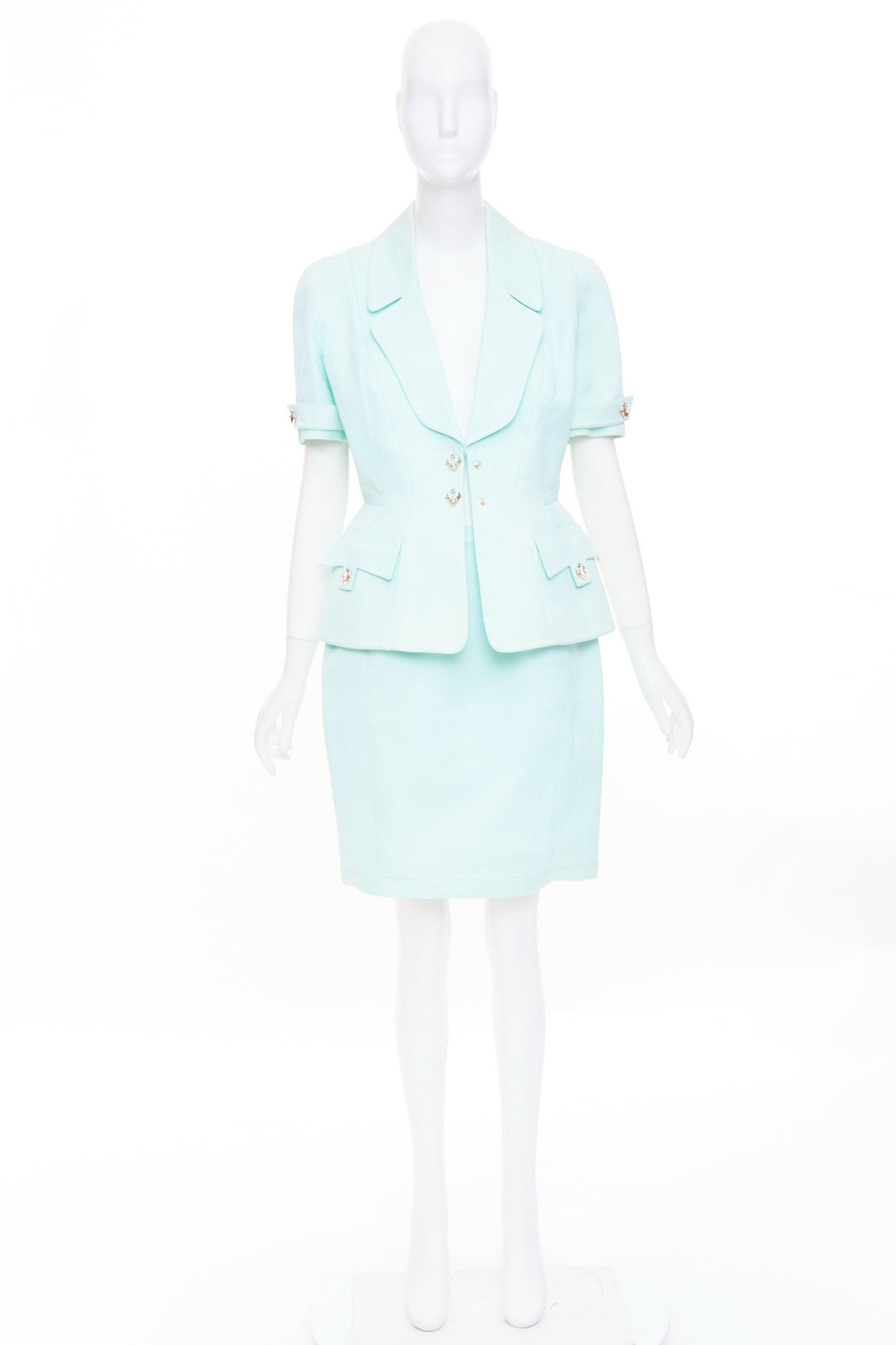 THIERRY MUGLER Vintage pale blue wool textured short sleeve peplum skirt suit