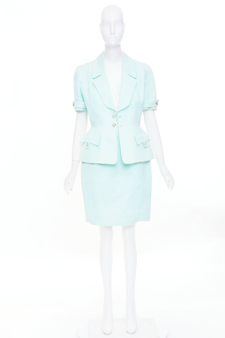 THIERRY MUGLER Vintage pale blue wool textured short sleeve peplum skirt suit