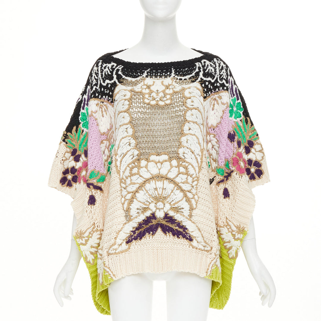VALENTINO 2021 Runway black yellow cotton embroidered crochet poncho cape XS