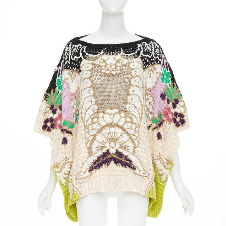 VALENTINO 2021 Runway black yellow cotton embroidered crochet poncho cape XS