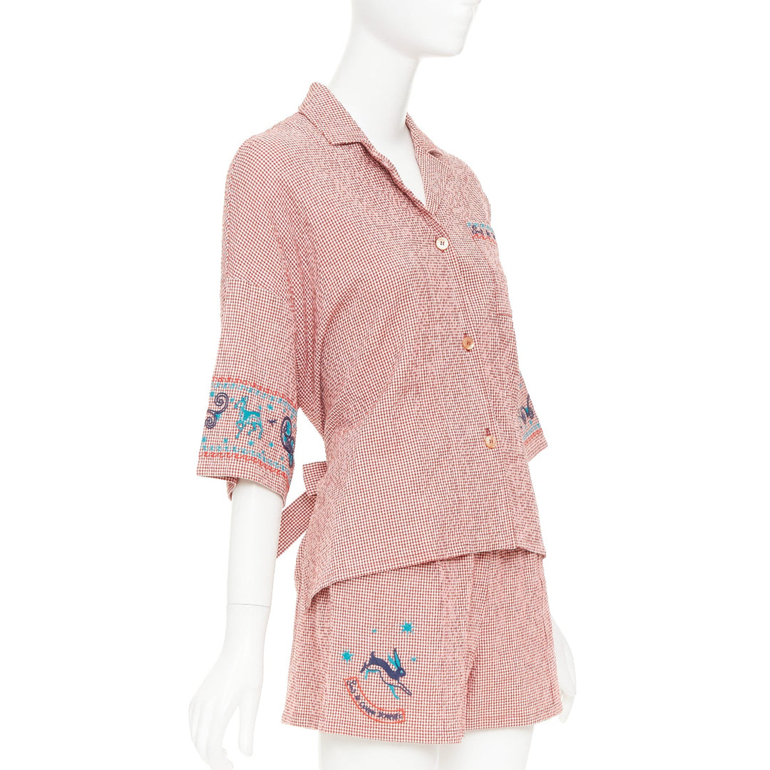 HERMES Sur La Pouce red gingham embroidered pajama shirt shorts set FR34 XS