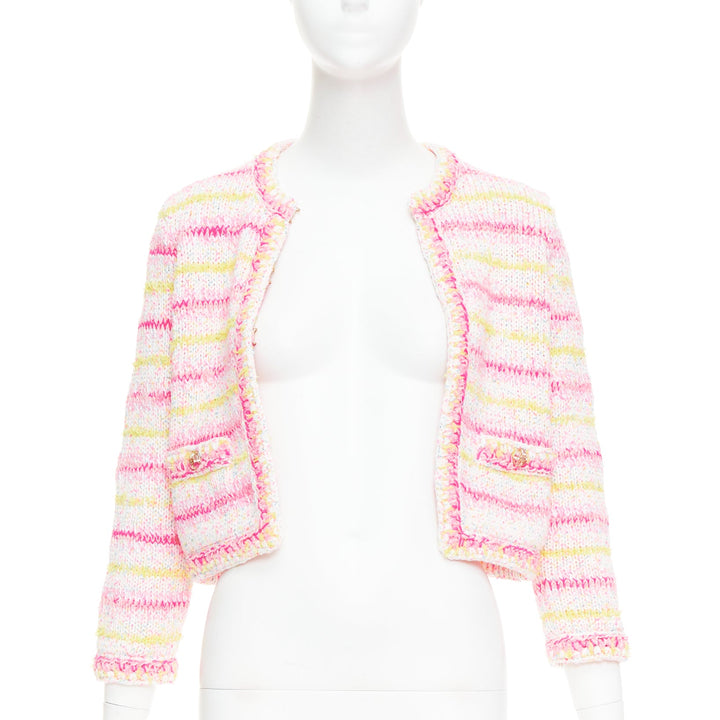 CHANEL 24C Coco Heart pink crochet tweed trim cardigan jacket FR34 XS