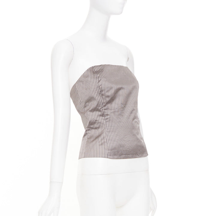 EMPORIO ARMANI Vintage brown pinstripe silk woven strapless bustier top IT38 XS