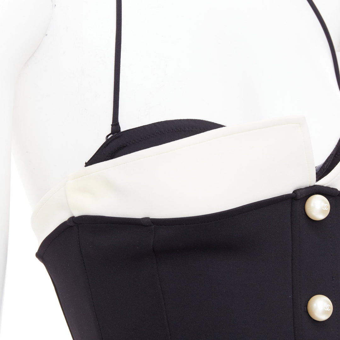 CHANEL white logo faux pearl black white collared halter one pc swimsuit FR34 XS