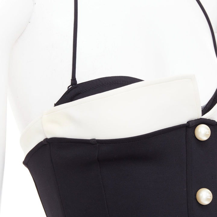 CHANEL white logo faux pearl black white collared halter one pc swimsuit FR34 XS