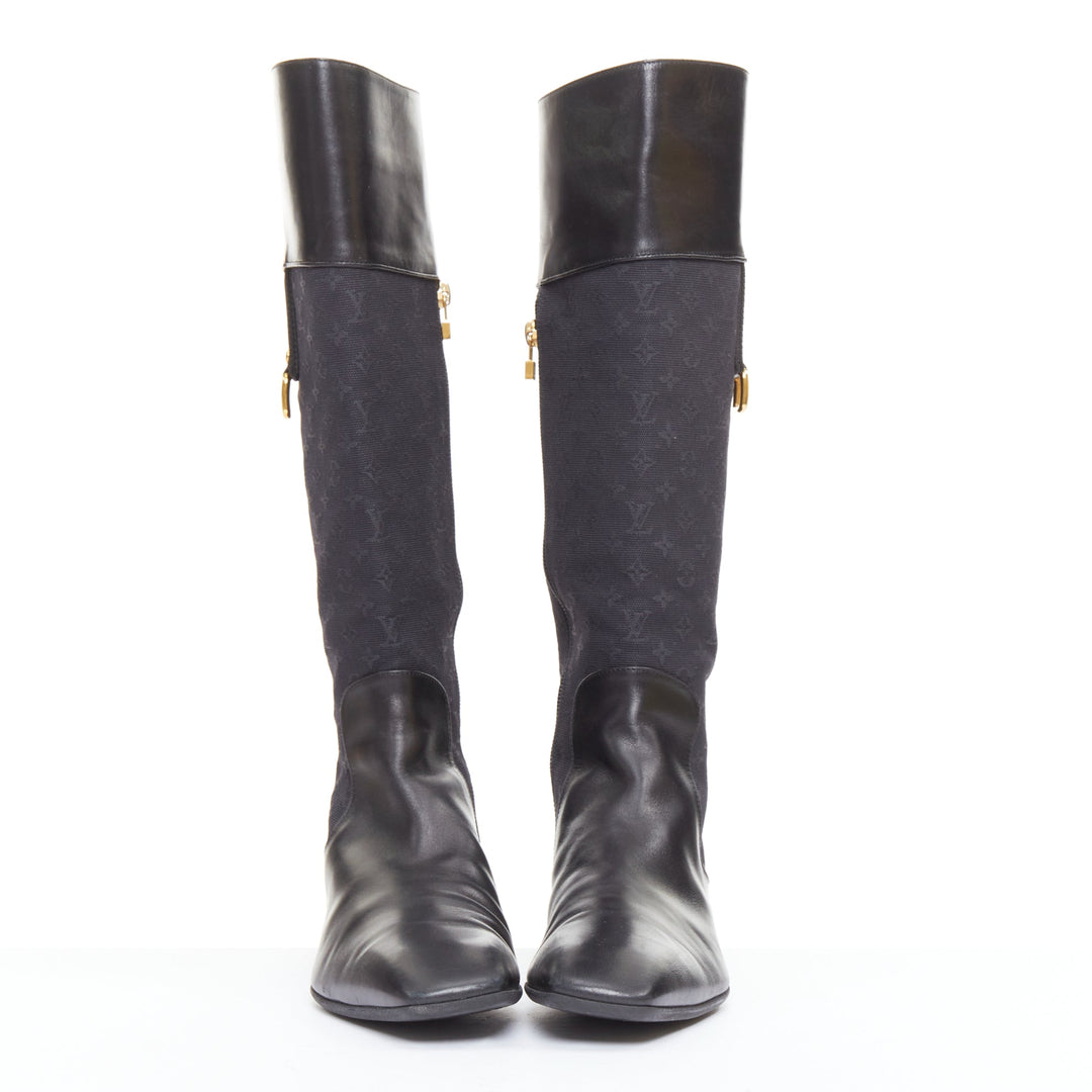 LOUIS VUITTON Mini Lin black monogram canvas saure toe riding boots EU37.5