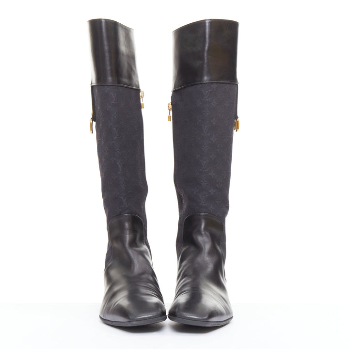 LOUIS VUITTON Mini Lin black monogram canvas saure toe riding boots EU37.5