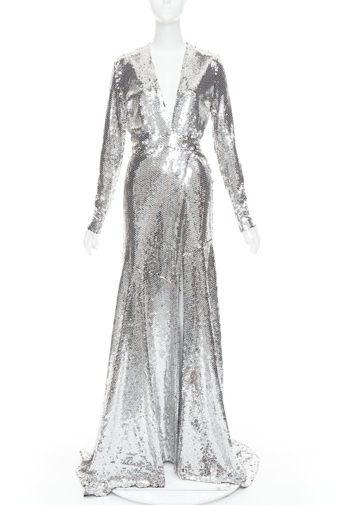 ALEXANDRE VAUTHIER COUTURE SS2015 Runway silver sequin plunge neck gown dress