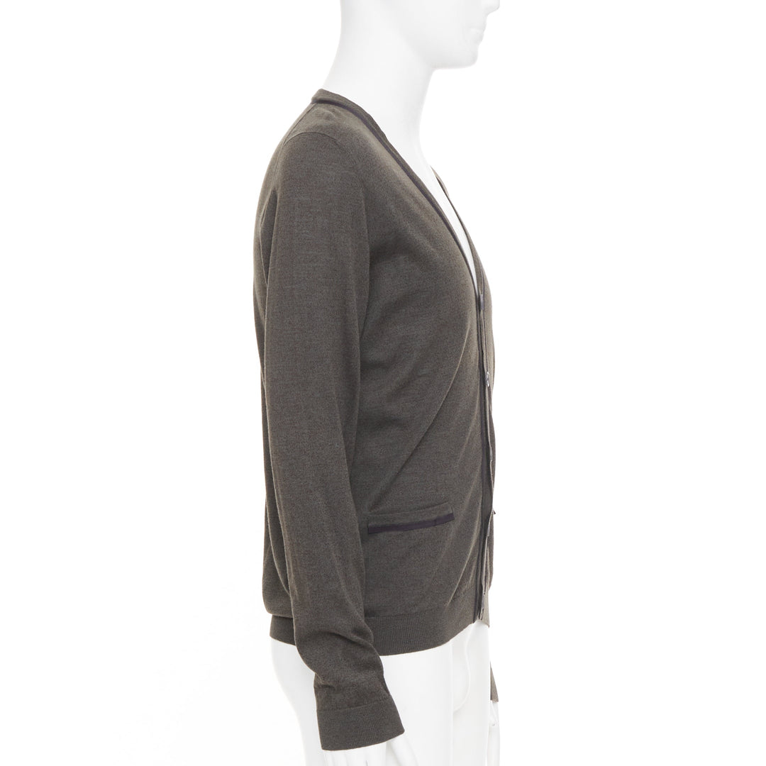 LANVIN 2015 grosgrain trim v-neck cotton merino wool button knit cardigan S