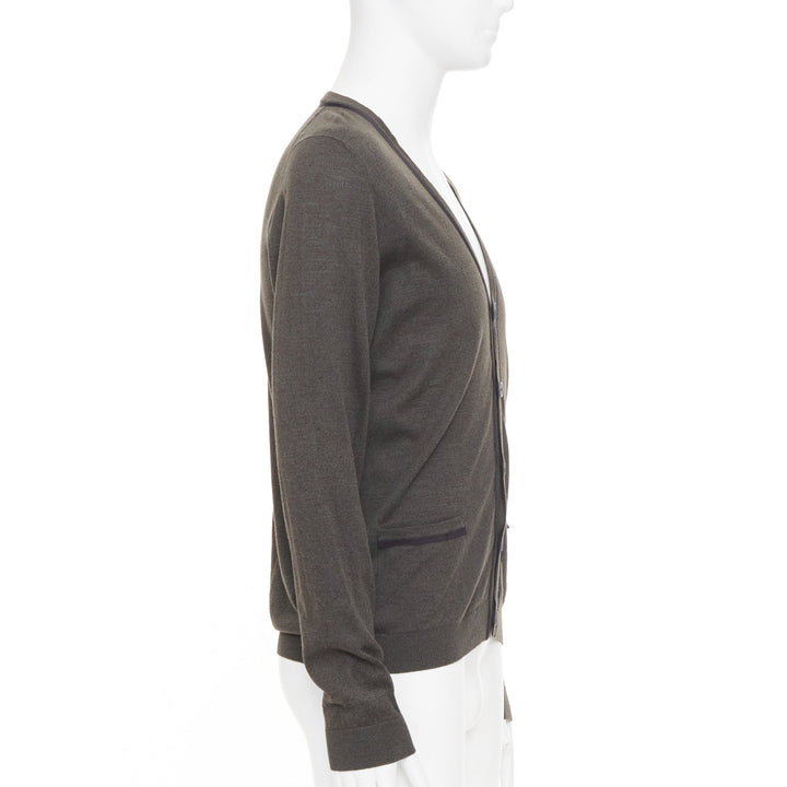 LANVIN 2015 grosgrain trim v-neck cotton merino wool button knit cardigan S