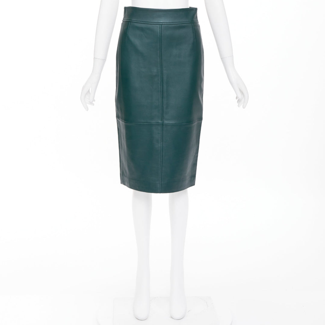 BOSS dark green panelled lambskin leather exposed silver zip pencil skirt US2 S