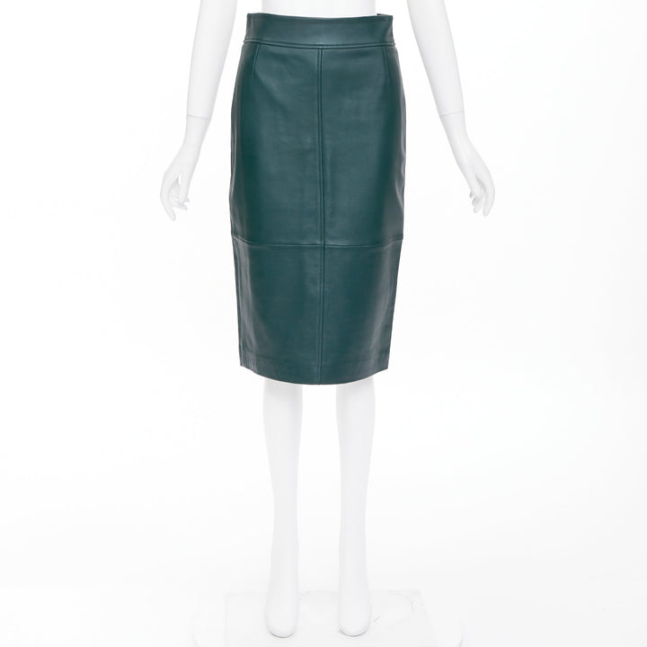 BOSS dark green panelled lambskin leather exposed silver zip pencil skirt US2 S