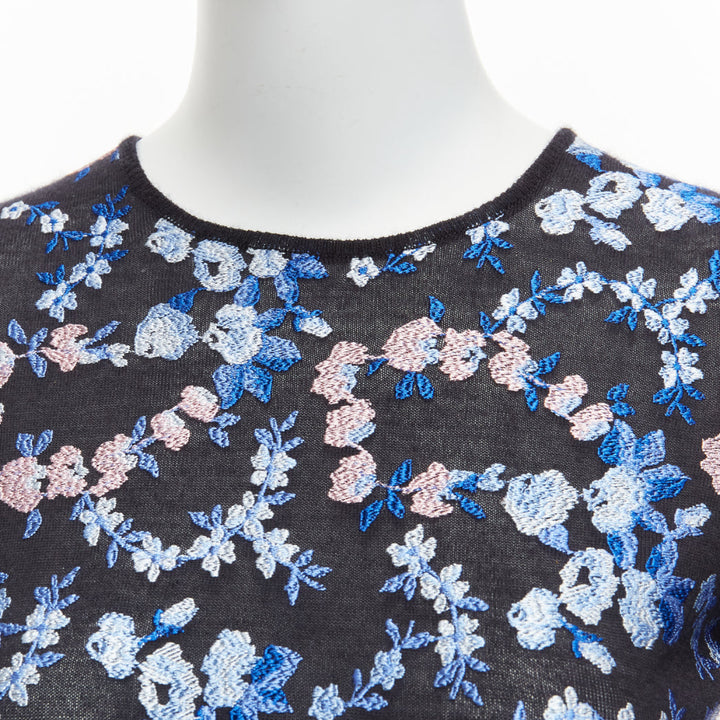GIAMBATTISTA VALLI black cashmere silk blue pink flower embroidery top IT38 XS
