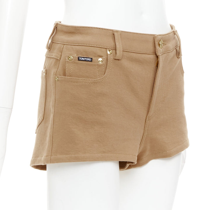 TOM FORD khaki cotton TF logo black blend leather trim mini shorts 25"