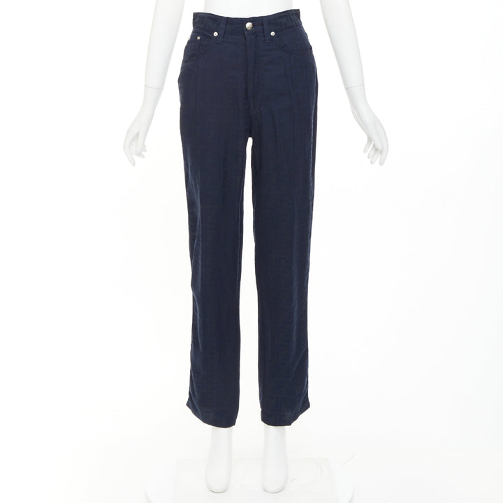 FENDI JEANS 1990s Vintage navy grey FF Zucca Monogram jacquard straight jean 29"