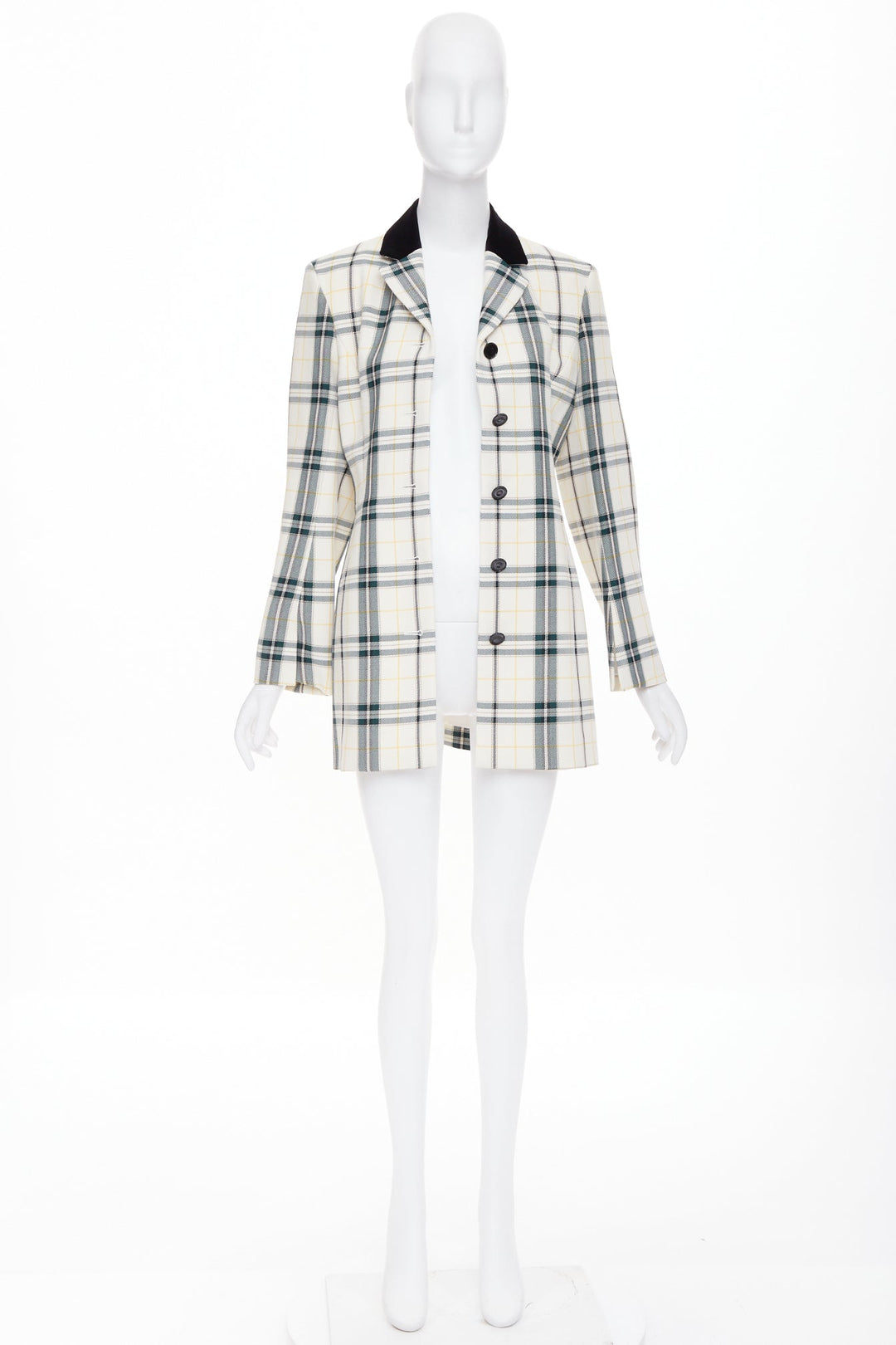 OLIVIER THEYSKENS cream green plaid check velvet collar fitted jacket IT38 XS