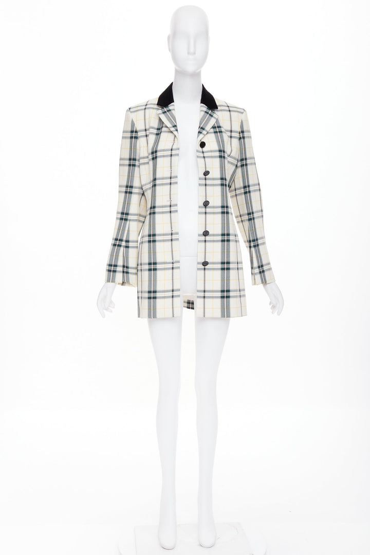 OLIVIER THEYSKENS cream green plaid check velvet collar fitted jacket IT38 XS