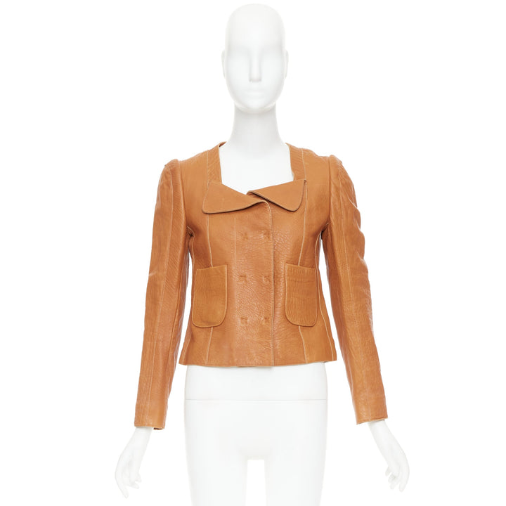 CARVEN 2011 tan brown pebble textured leather square neck crop jacket FR38 M