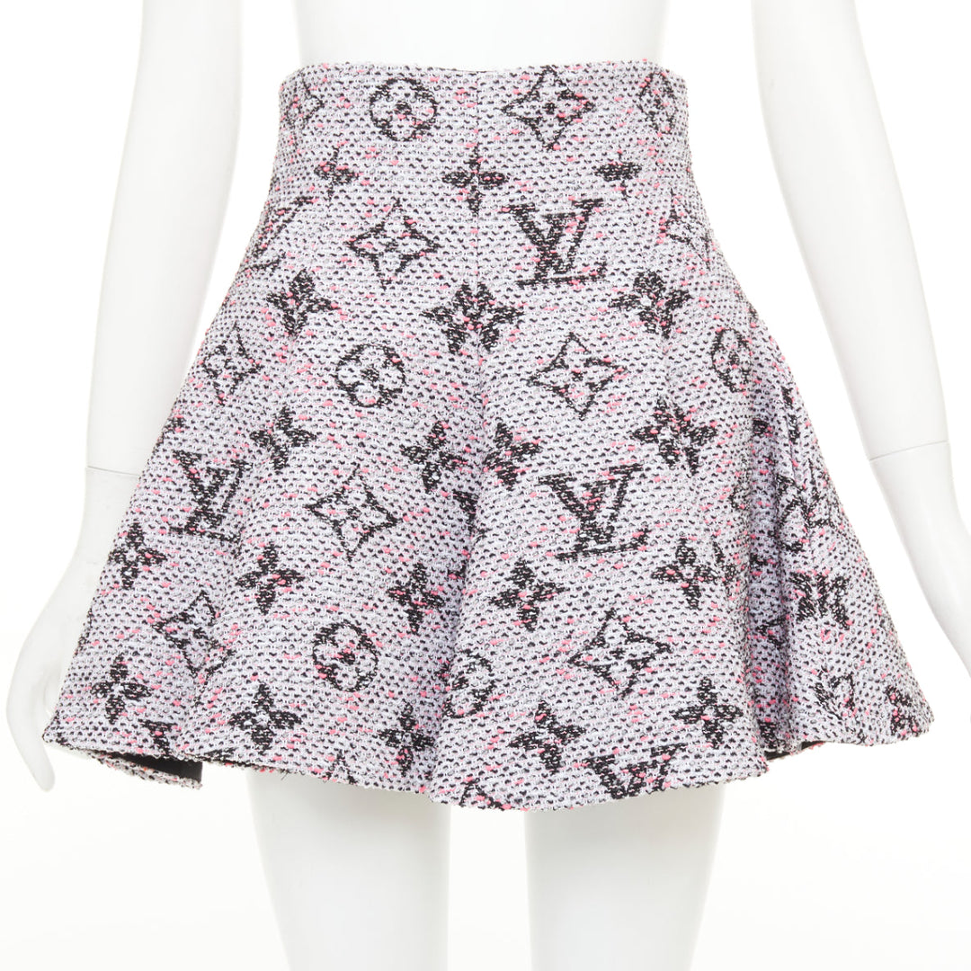 LOUIS VUITTON Monogram Tweed Pleated Circle pink black flared skirt FR34 XXS